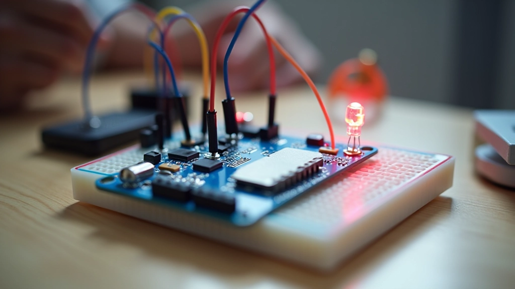 Katseplaat, millel on Arduino, punane LED, takisti ja jumper-juhtmed korrektselt ühendatud