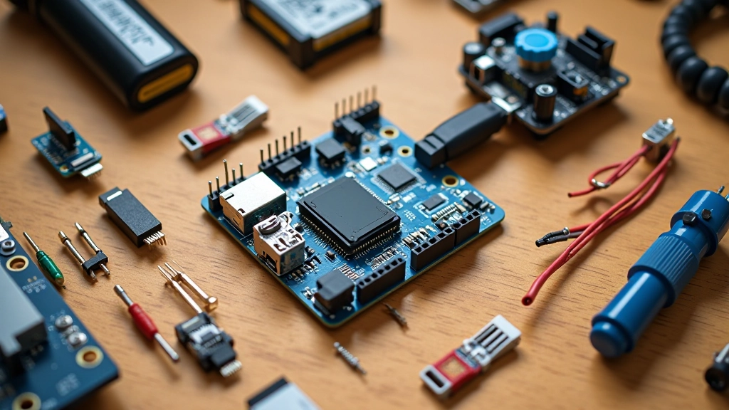 Arduino komponendid ja sensorid organiseeritult töölaual: mikrokontroller, ekraan, aku, juhtmed ja muud osad selgelt nähtaval