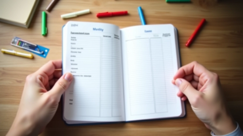 Hands holding monthly budget planner with expense categories and savings allocation written in colored markers