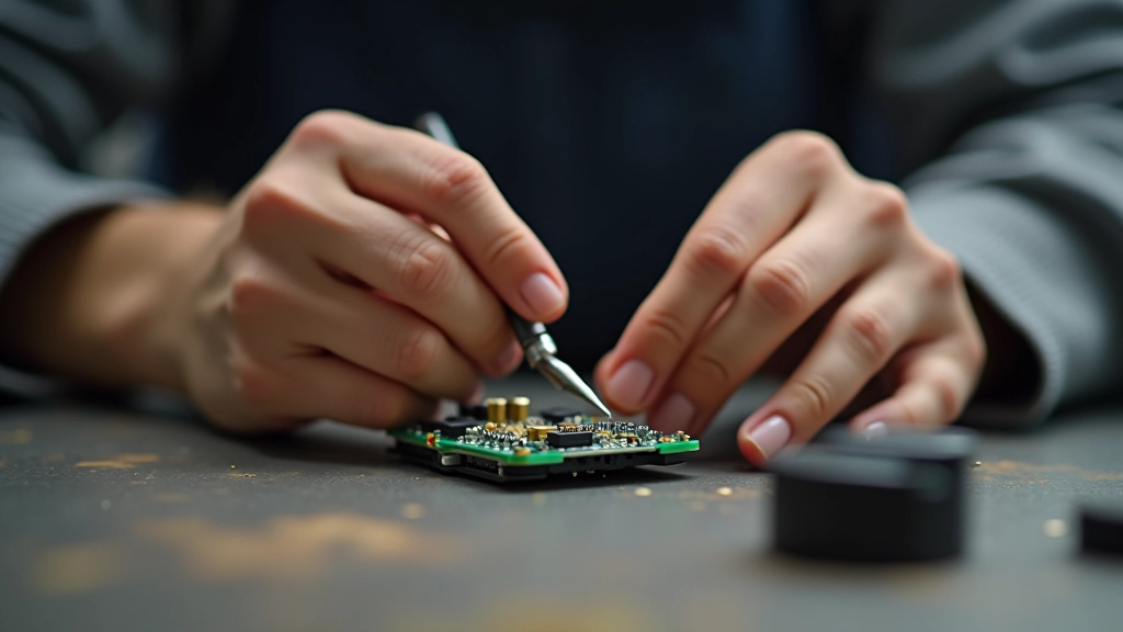 Käed jootsevad elektroonika osi kantavale seadmele, close-up vaade mustatest juhtmistest ja väiksest raudast