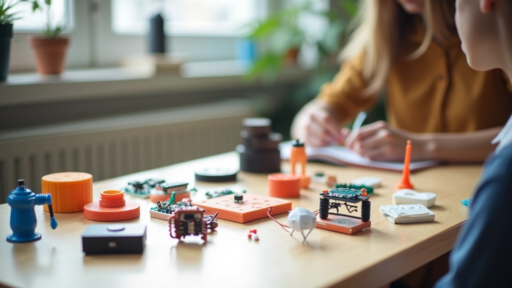 Laua peal erinevad prototüübid ja valmis projektid — käsitsi tehtud esemed, 3D-prinditud kujud ja nende kõrvale elektronika komponendid