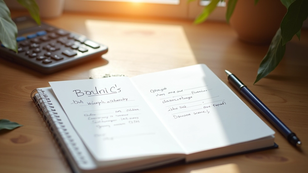 Open notebook with handwritten financial notes and calculator on wooden desk with morning light