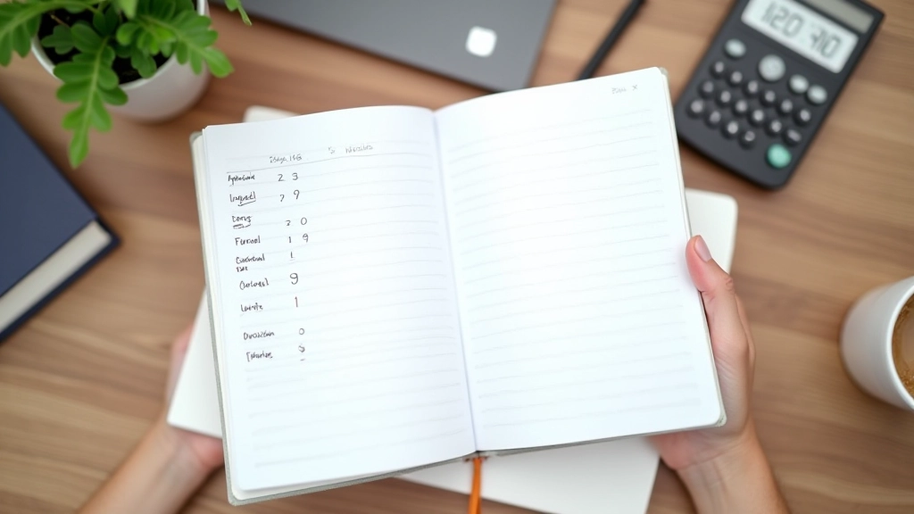 Notebook with handwritten budget calculations and expense tracking on wooden desk with pen