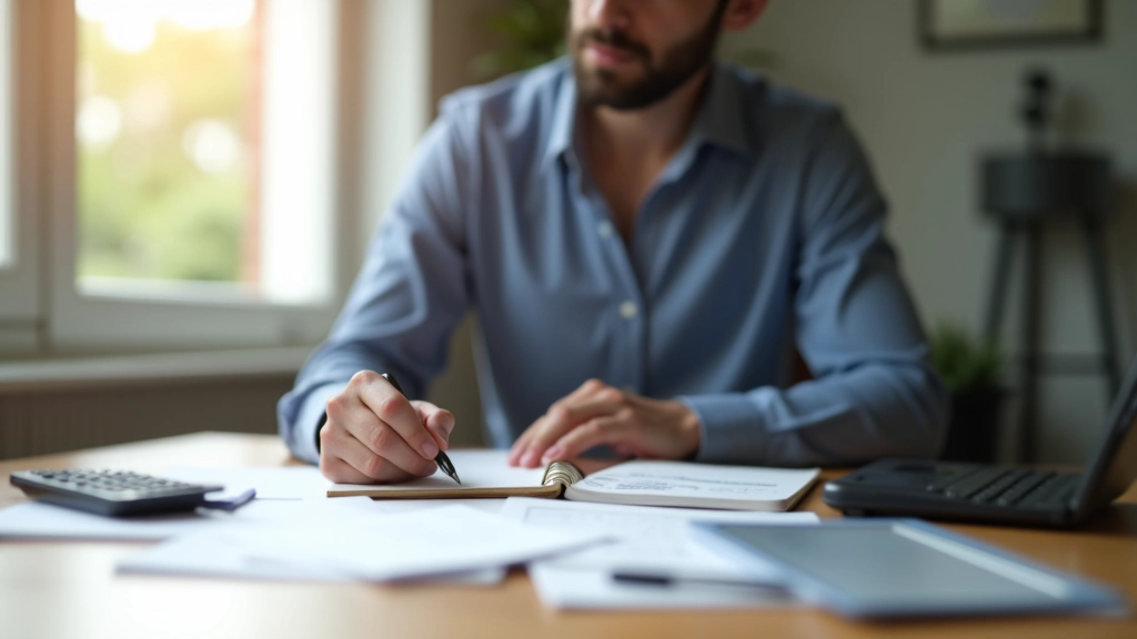 Person writing financial information in a notebook at a clean desk with a cup of tea and calculator