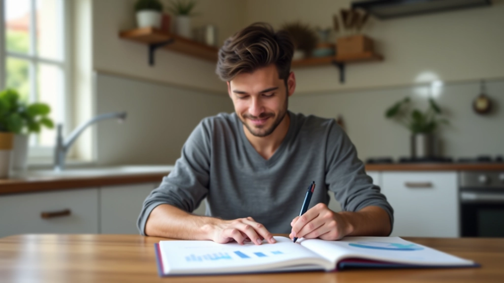 Person writing financial milestones in a notebook with planning charts