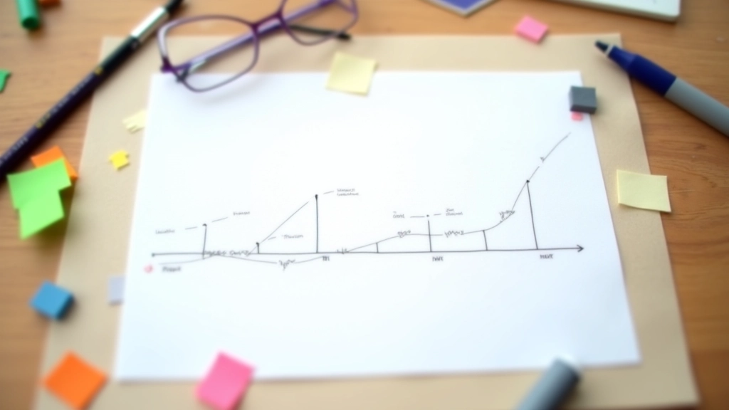 Timeline diagram with milestone markers, checkpoints, and planning notes on paper with colored markers