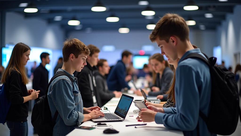 Suure saali pildistamine, kus noored erinevate projektidega seisavad, üks näitab oma 3D-prinditud esemeid, teine näitab drooni, kus palju rahvast ringis vaatab