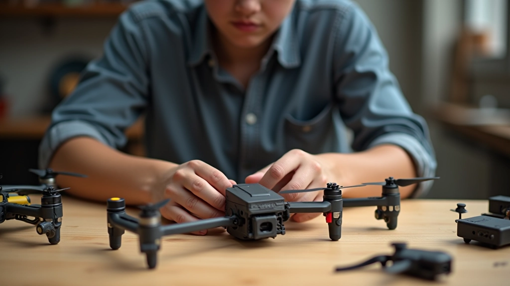 Noore inimese käed, kes koostab drooni komponente lauale, lähedal osad ja juhtmised