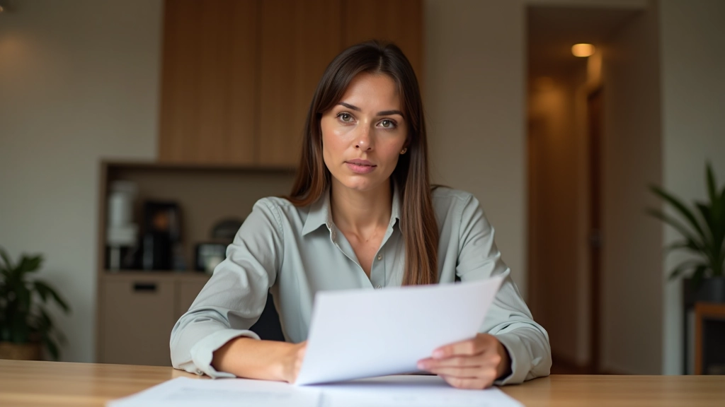 Woman reviewing savings account statement and progress tracking chart at home office