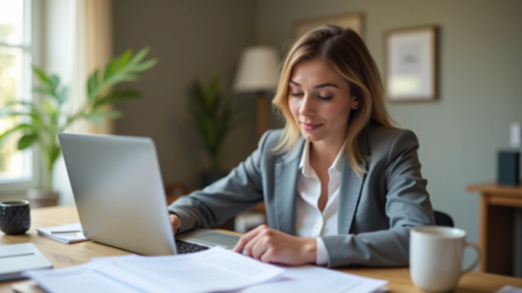 Woman reviewing budget spreadsheet at home office desk with laptop and coffee