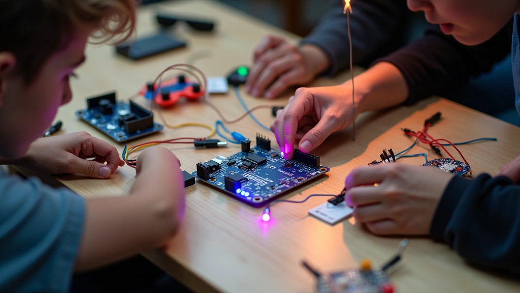 Noorte käed töötavad elektrooniliste komponentidega töölaual, millel on Arduino ja LED-id