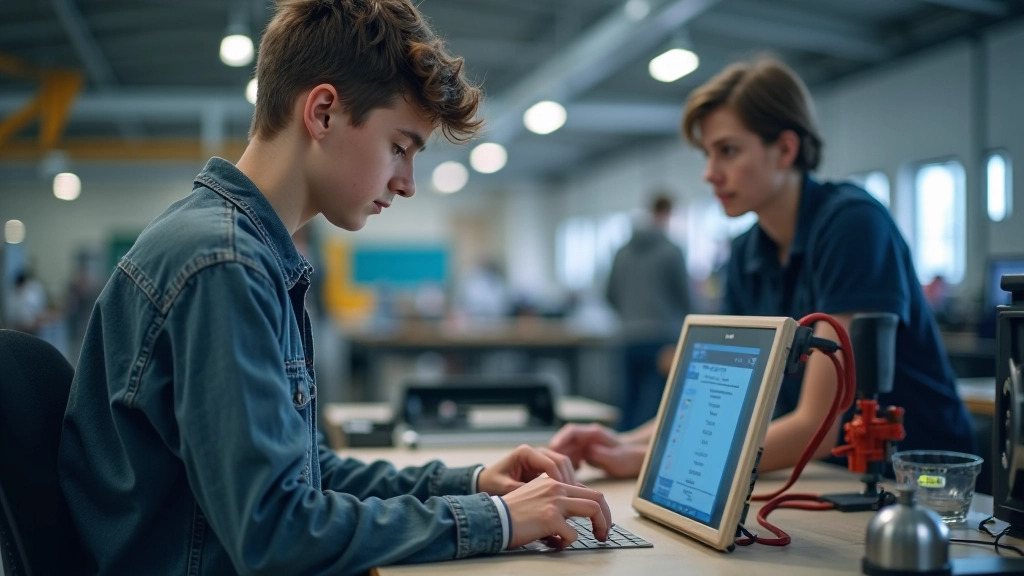 Noor noormees õpib laserlõikeseadet kasutama, juhendaja näitab talle kuidas disainifail seadmesse sisestatakse